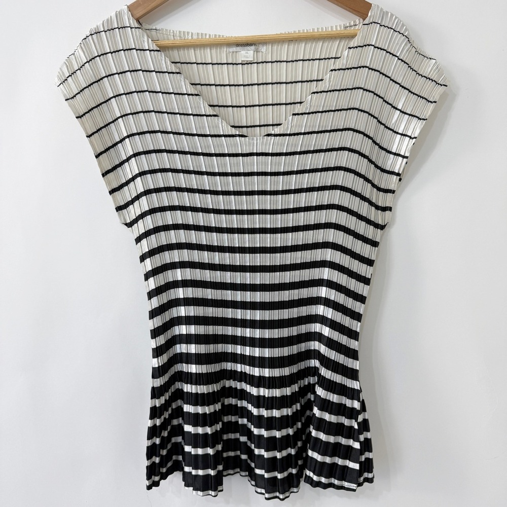Dressbarn Striped Pleated Top Womens XL Black Ivory Stretch Lightweight Office